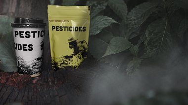 Coffee cup and coffee bag in forest