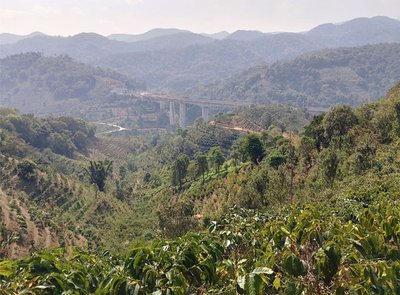 An elevated highway weaving through the mountainous, agricultural region of Pu’er, Yunnan